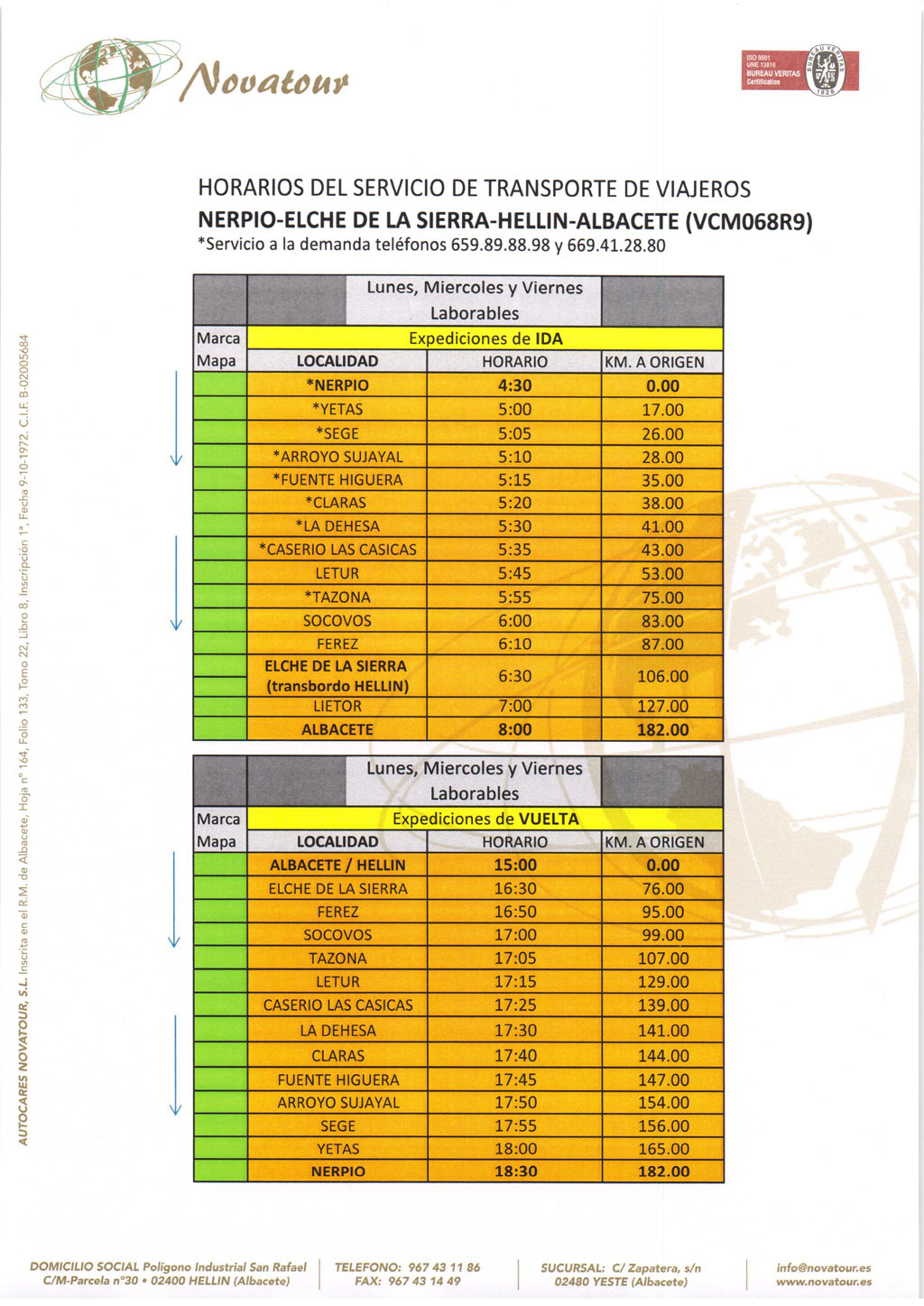 HORARIO SERVICIO DE VIAJEROS NERPIO ALBACETE